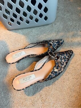 STEVEN New York Leopard Print Pointed-Toe Mules - Brown/Black